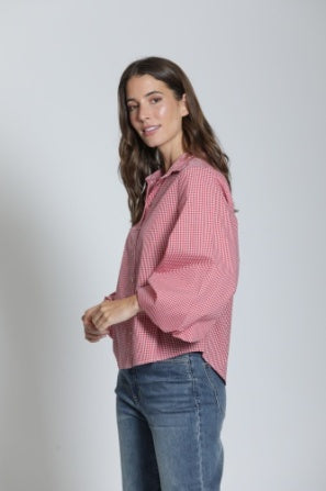 RED & WHITE CHECK PEASANT SLEEVE TOP