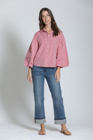 RED & WHITE CHECK PEASANT SLEEVE TOP