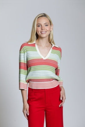 RIBBED STRIPE POLO TOP