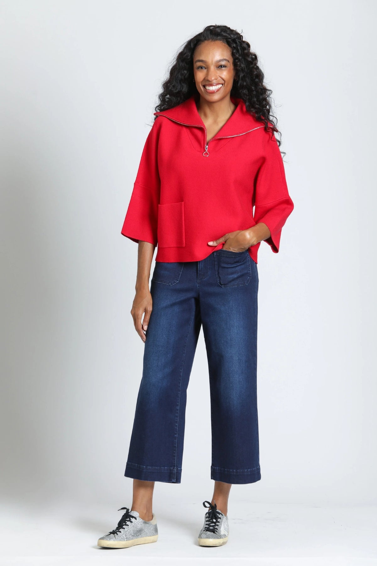 RED HALF ZIP PULLOVER TOP