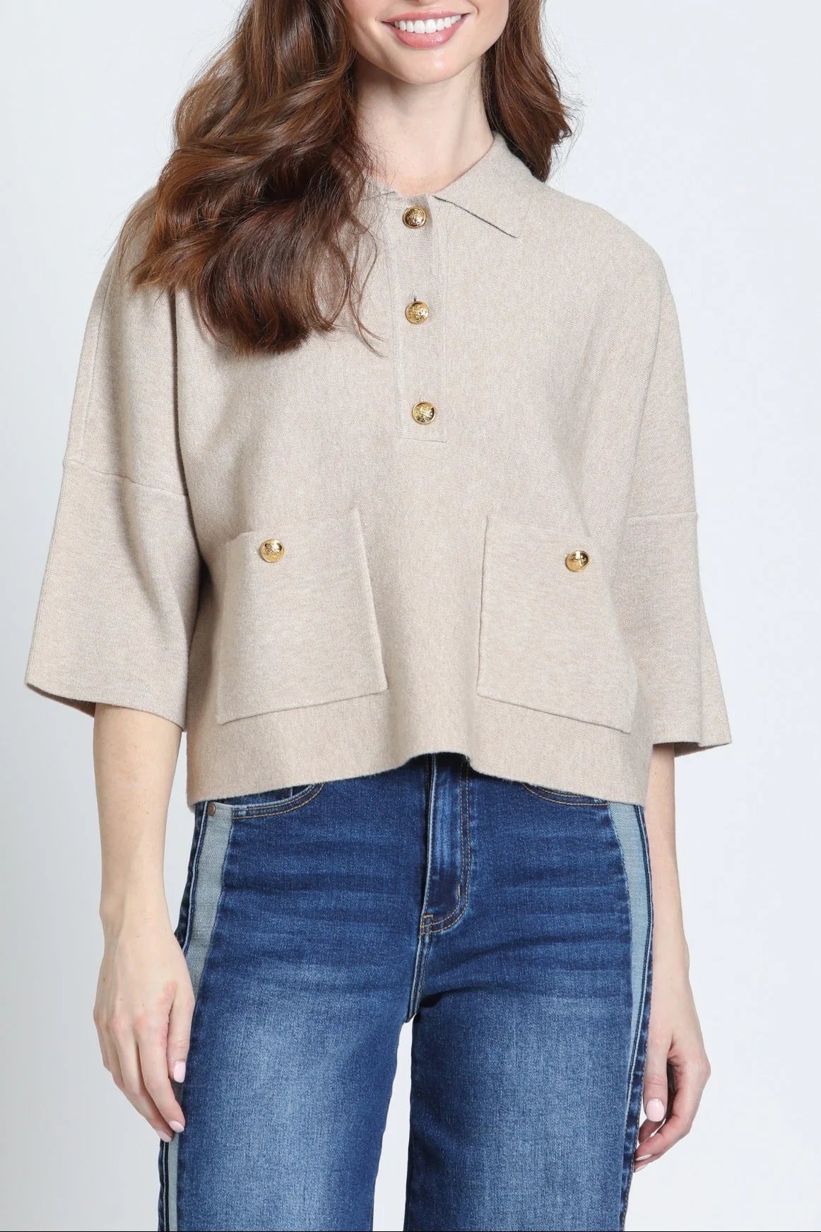 HEATHER SAND POCKET POLO TOP