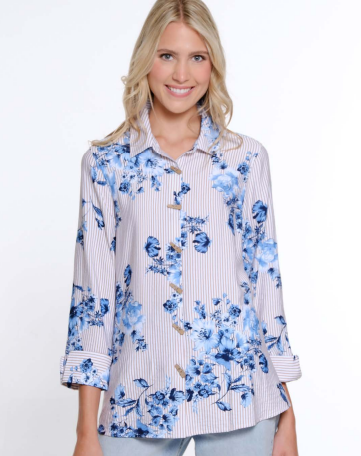 BLUE FLORAL & STRIPE 3/4 SLEEVE BUTTON FRONT SHIRT