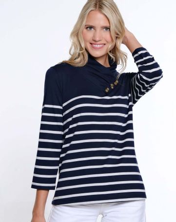 NAVY & WHITE STRIPED SHIRRED COLLAR TOP