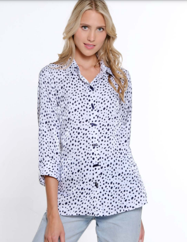 SMALL NAVY DOT HI-LO BUTTON FRONT BLOUSE