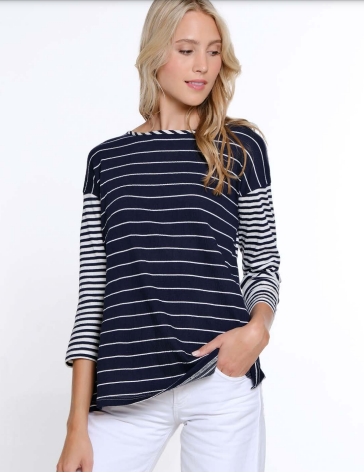 NAVY STRIPED LACE BACK TOP