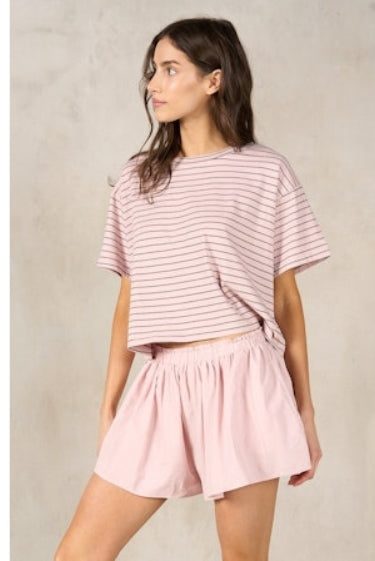 STRIPE TOP WITH POPLIN SHORT SET - BABY PINK