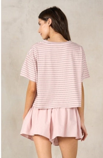 STRIPE TOP WITH POPLIN SHORT SET - BABY PINK
