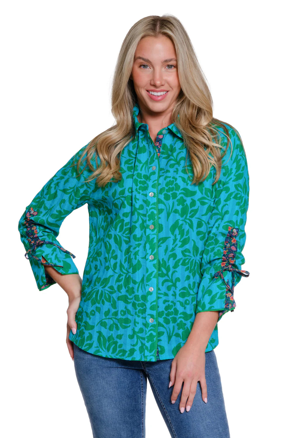BLUE WITH GREEN IVY BUTTON TOP