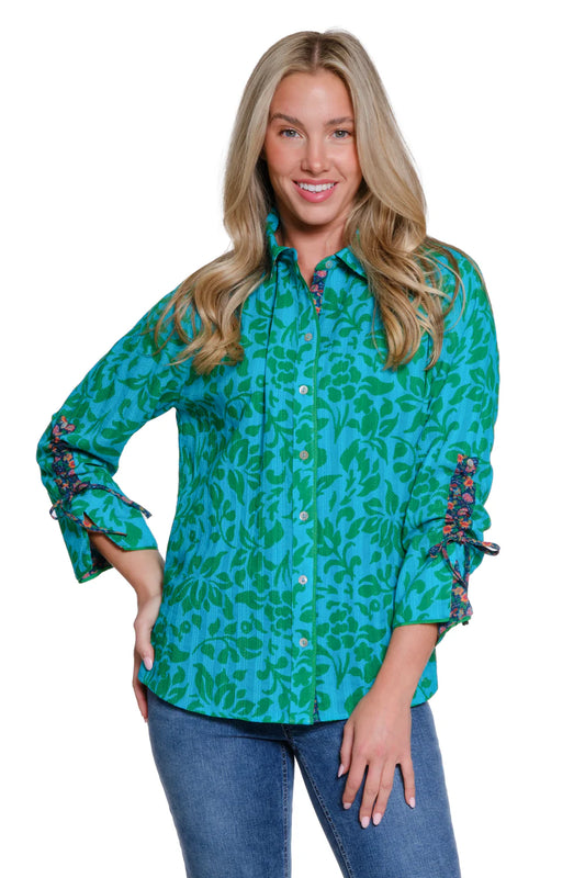 BLUE WITH GREEN IVY BUTTON TOP