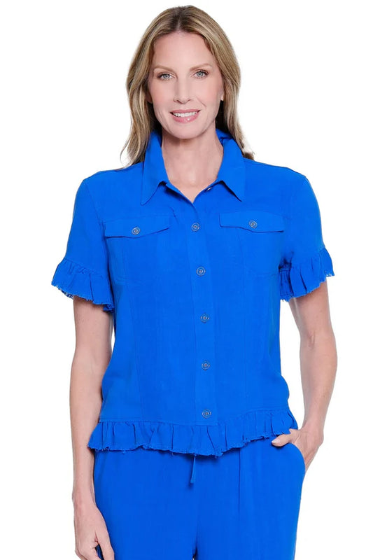 RUFFLE HEM BUTTON TOP - BRIGHT ROYAL