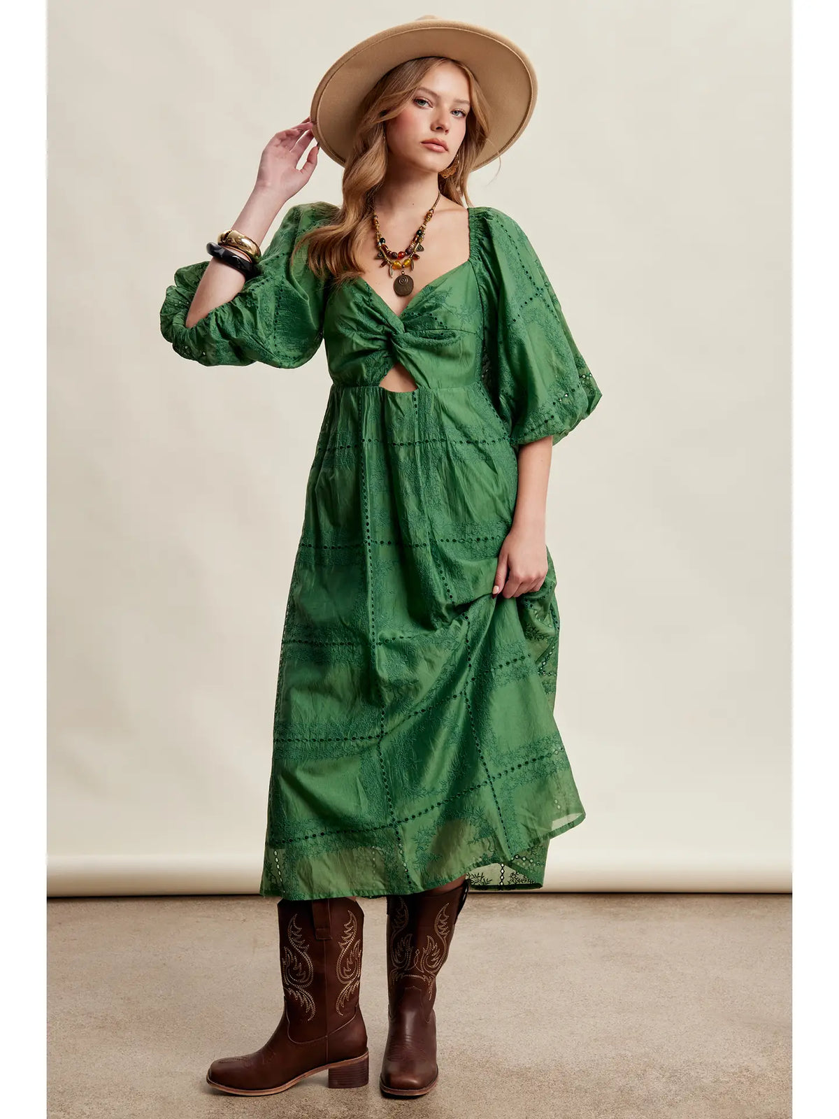 GREEN EMBROIDERED FLOWY DRESS