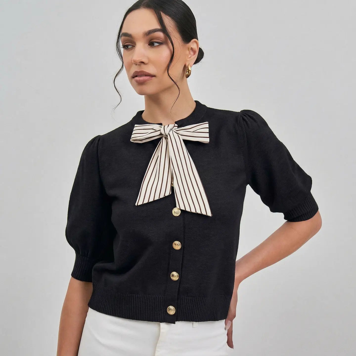 SATIN TIE NECK BLACK CARDIGAN