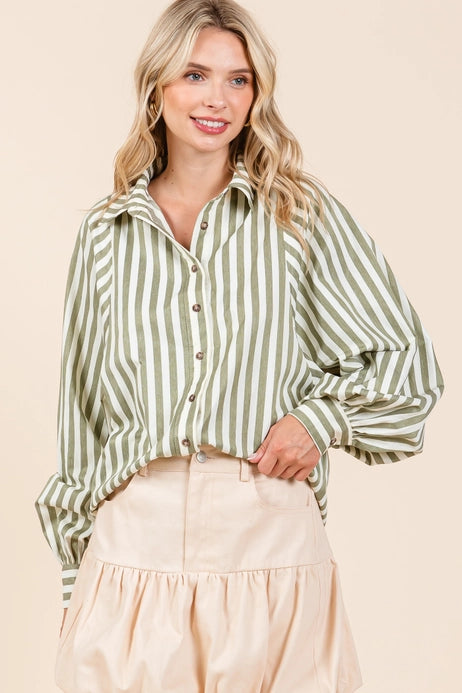 STRIPE PATTERN BUTTON UP TOP - OLIVE