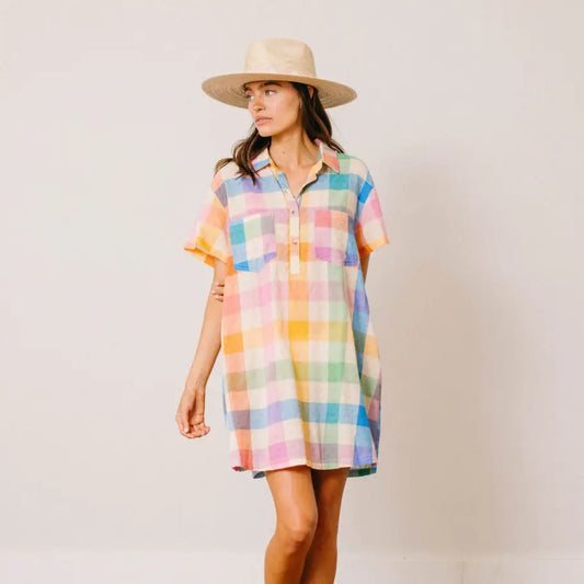 RAINBOW PLAID GETAWAY MINI DRESS