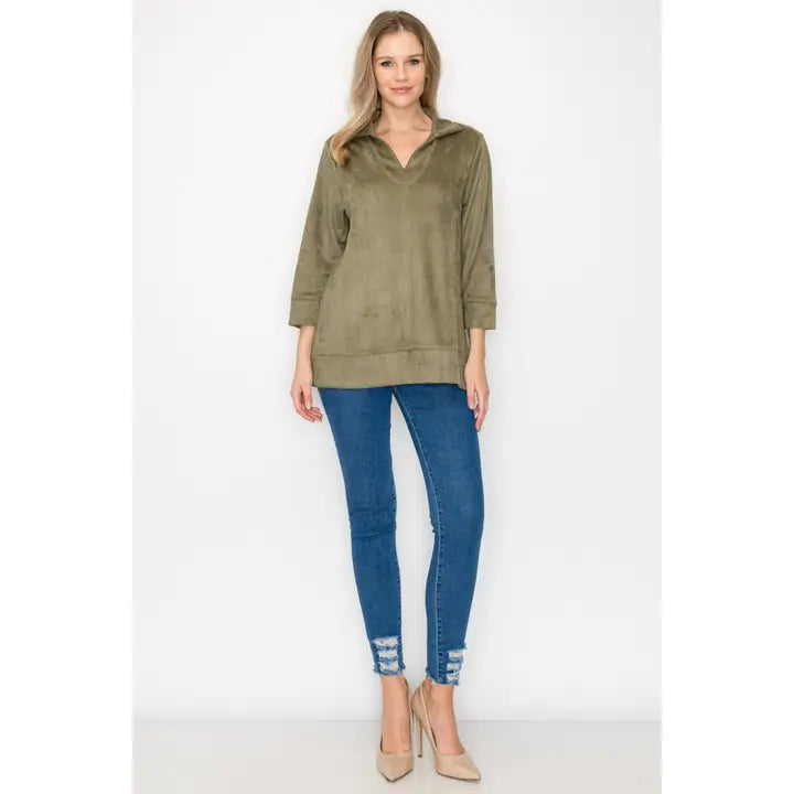 ADDISON STRETCH SUEDE TOP - OLIVE