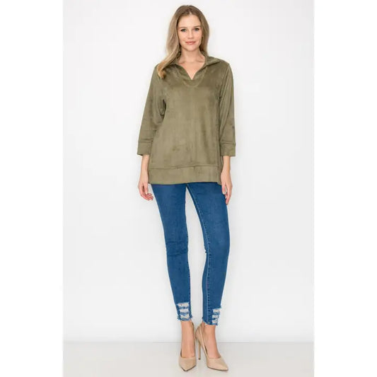 ADDISON STRETCH SUEDE TOP - OLIVE