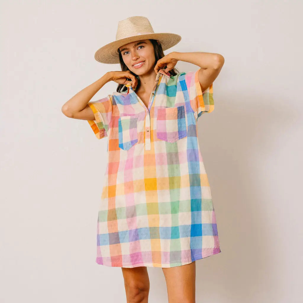 RAINBOW PLAID GETAWAY MINI DRESS