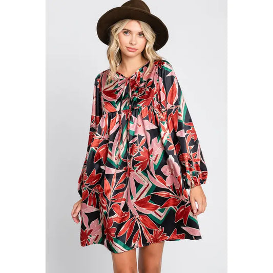SATIN BABY DOLL DRESS - FLORAL PRINT