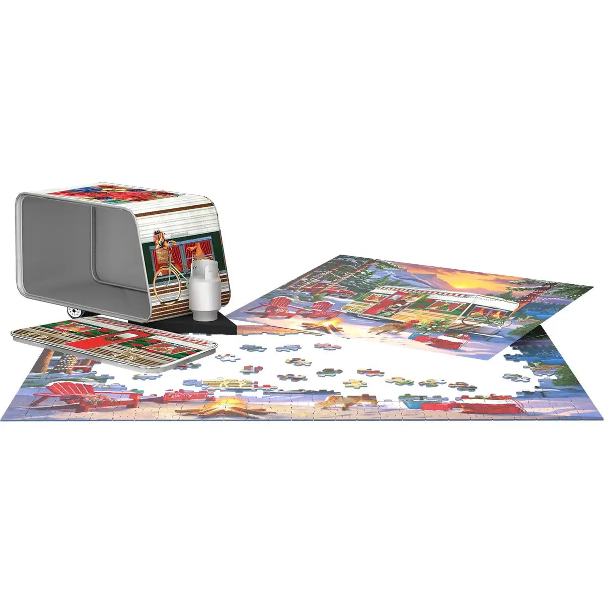 CHRISTMAS CAMPING TRAILER TIN PUZZLE