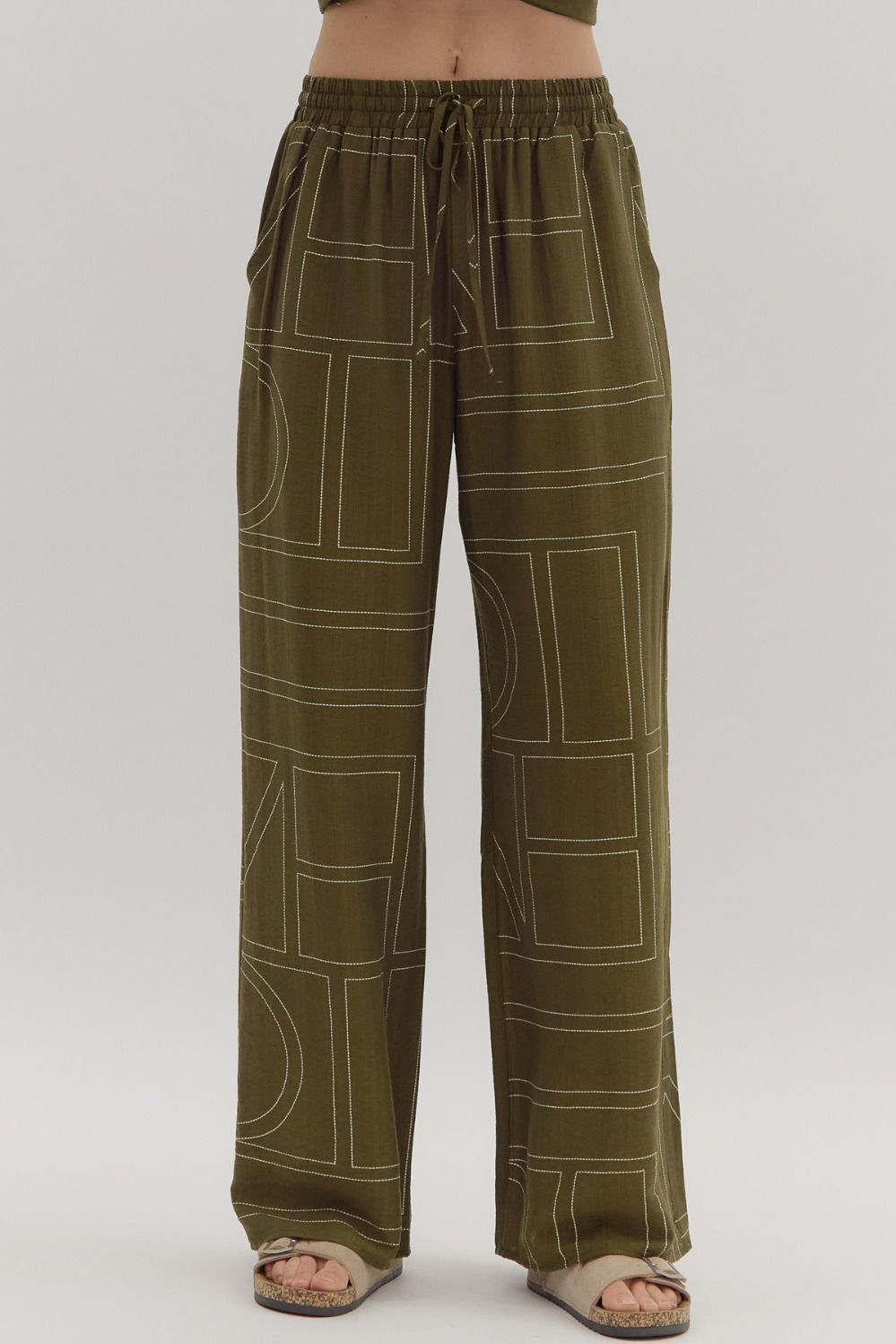 OLIVE ABSTRACT EMBROIDERED PANT