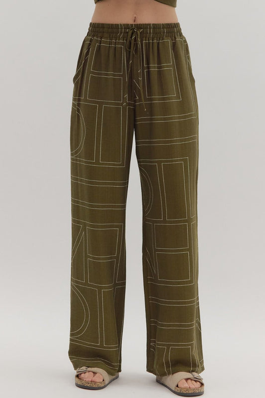 OLIVE ABSTRACT EMBROIDERED PANT