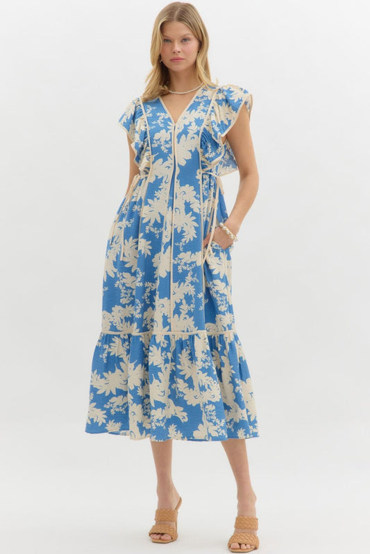 BOTANICAL FLUTTER SLEEVE DRESS