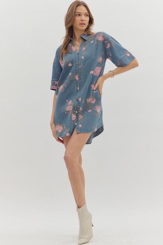 DENIM WITH FLORAL PATTERN DRESS