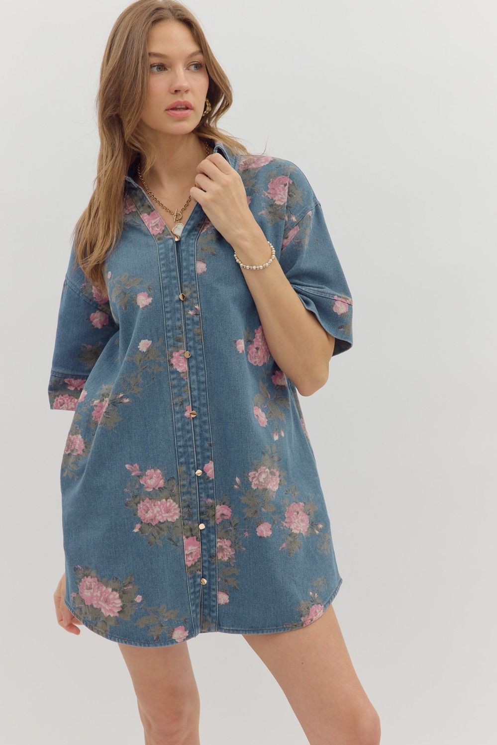 DENIM WITH FLORAL PATTERN DRESS