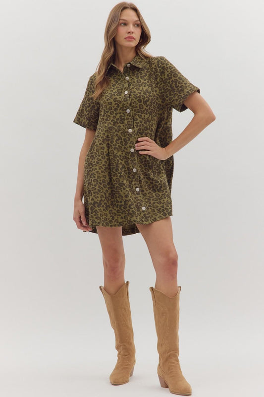 OLIVE LEOPARD DENIM DRESS