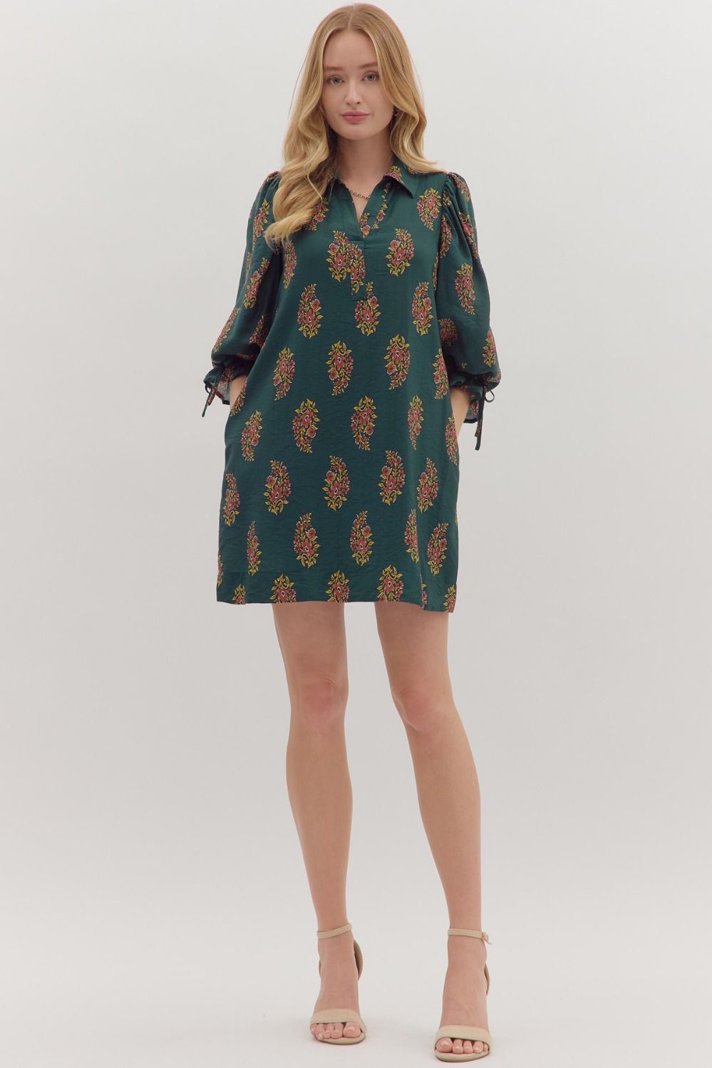 GREEN PUFF SLEEVE MINI DRESS