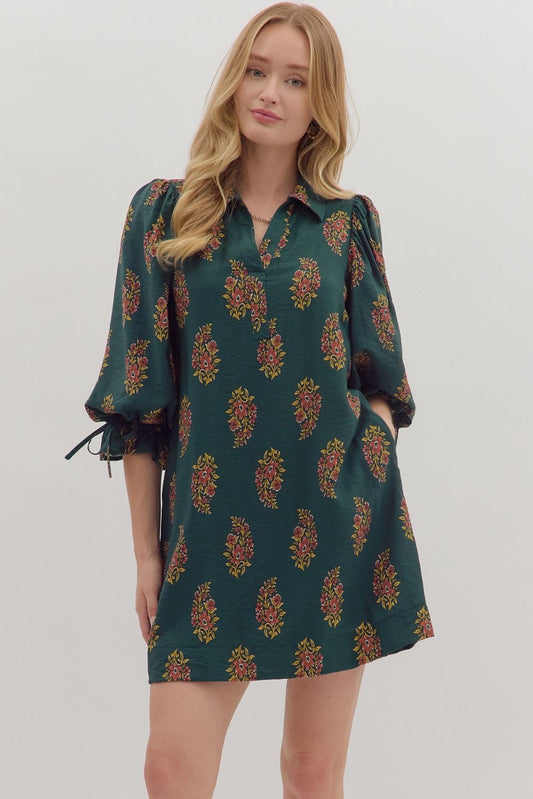 GREEN PUFF SLEEVE MINI DRESS