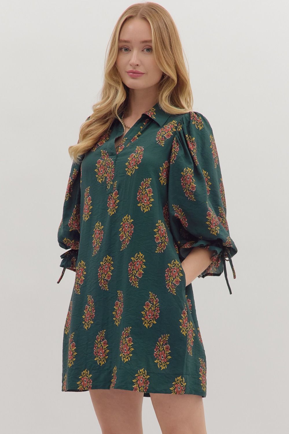 GREEN PUFF SLEEVE MINI DRESS