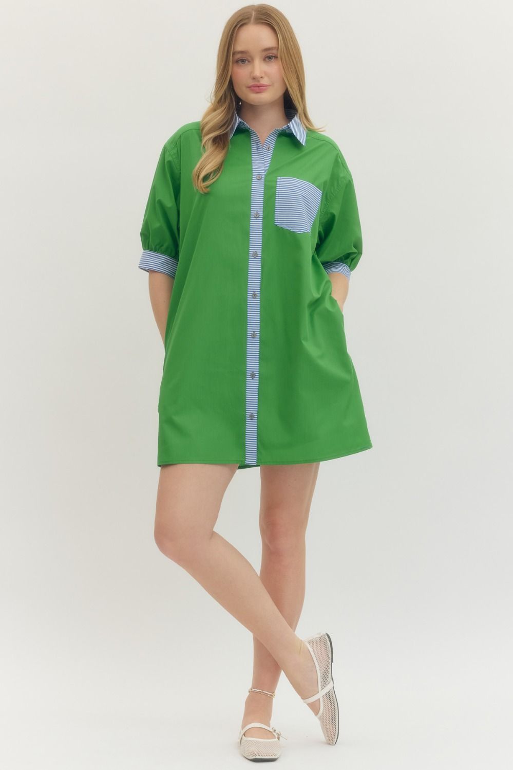 GREEN DRESS WITH BLUE STRIPE DETAIL
