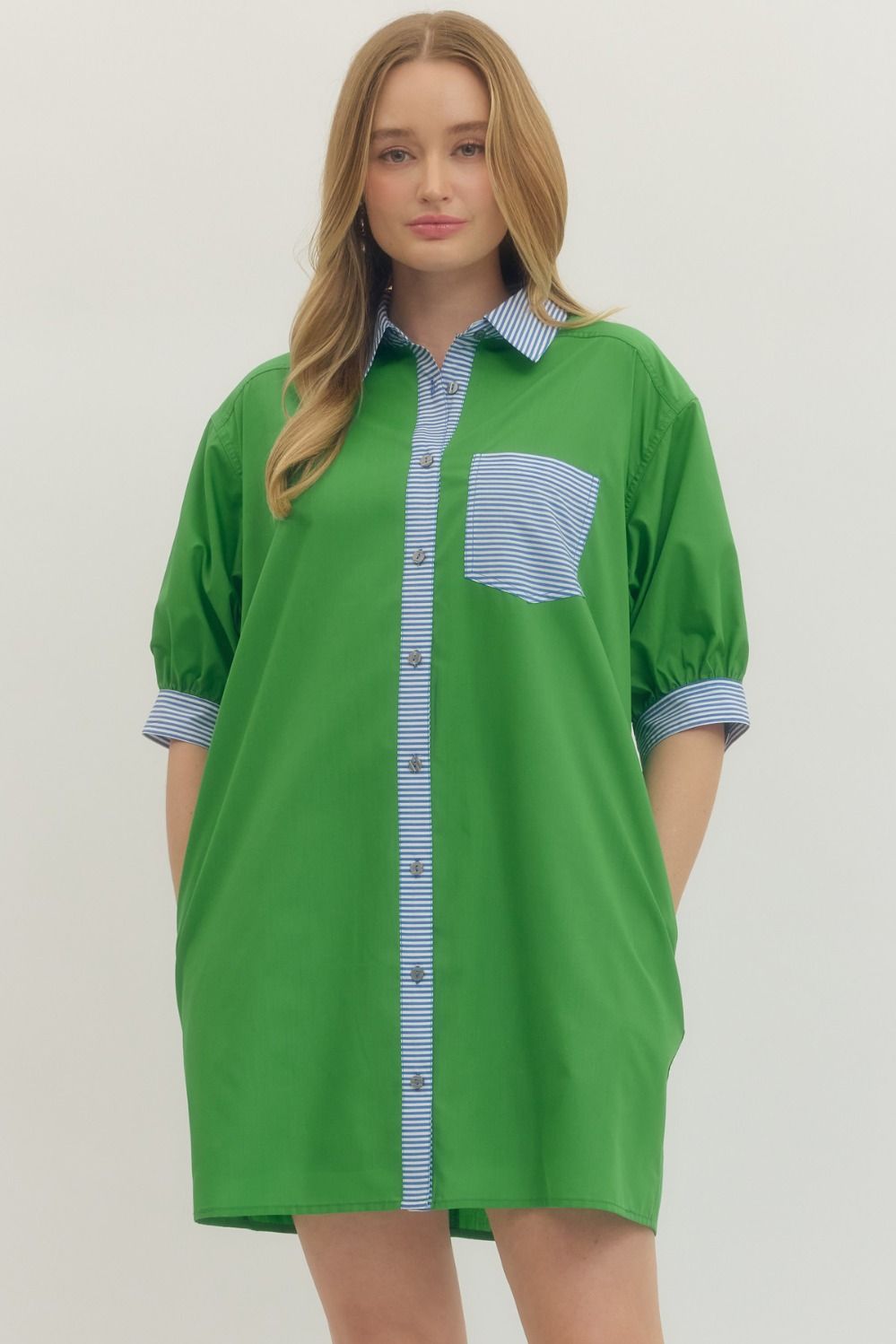 GREEN DRESS WITH BLUE STRIPE DETAIL