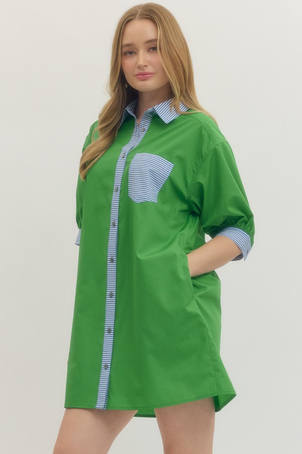 GREEN DRESS WITH BLUE STRIPE DETAIL