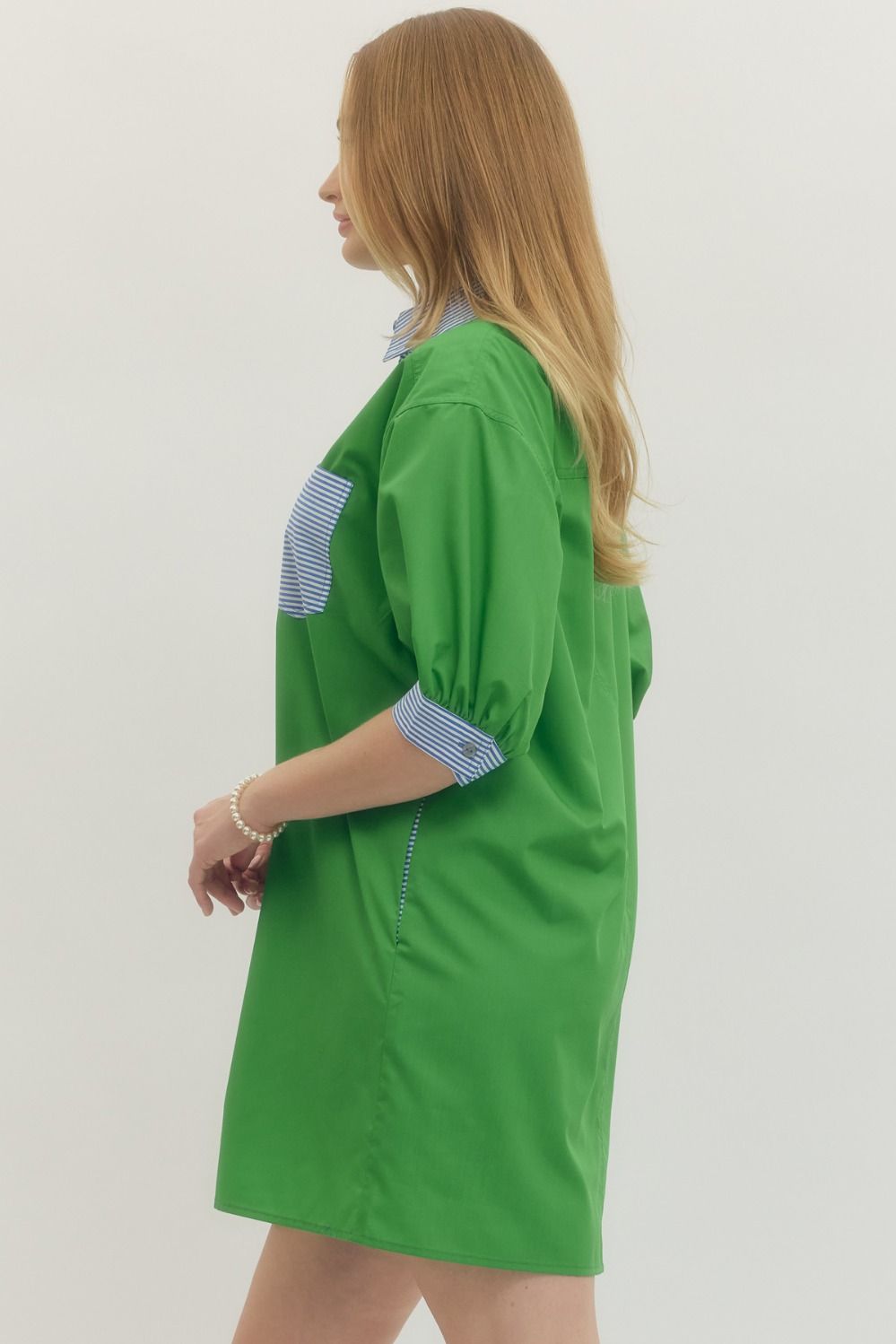 GREEN DRESS WITH BLUE STRIPE DETAIL