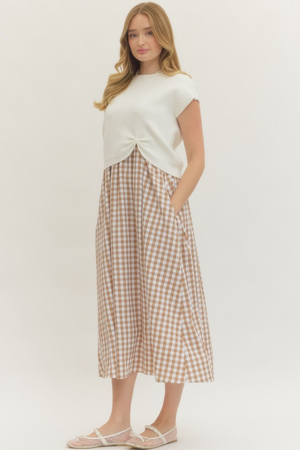 LAYERED GINGHAM MIDI DRESS