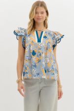 BLUE & YELLOW FLORAL FLUTTER TOP