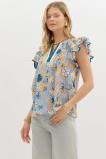 BLUE & YELLOW FLORAL FLUTTER TOP