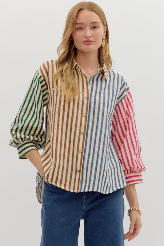 STRIPED COLORBLOCK BUTTON TOP