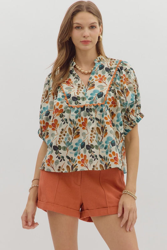 FUN FLORAL RIC-RAC TRIM TOP