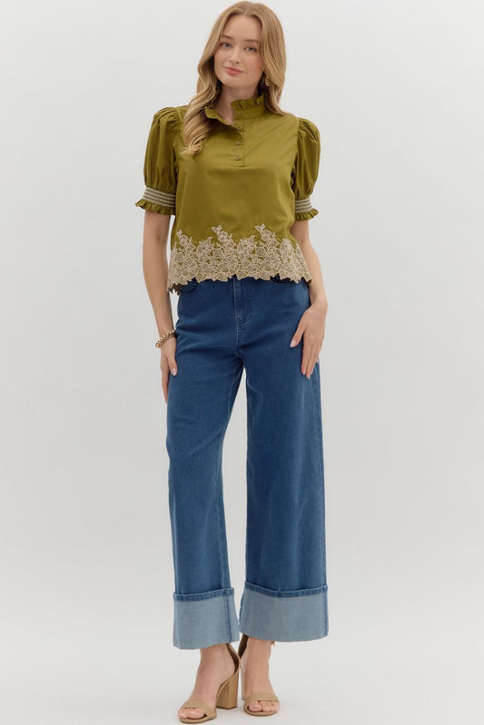 OLIVE EMBROIDERED TOP