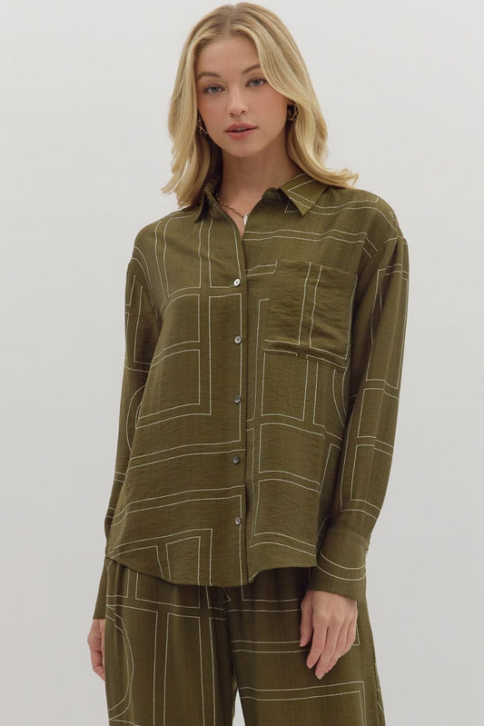 OLIVE ABSTRACT EMBROIDERED TOP