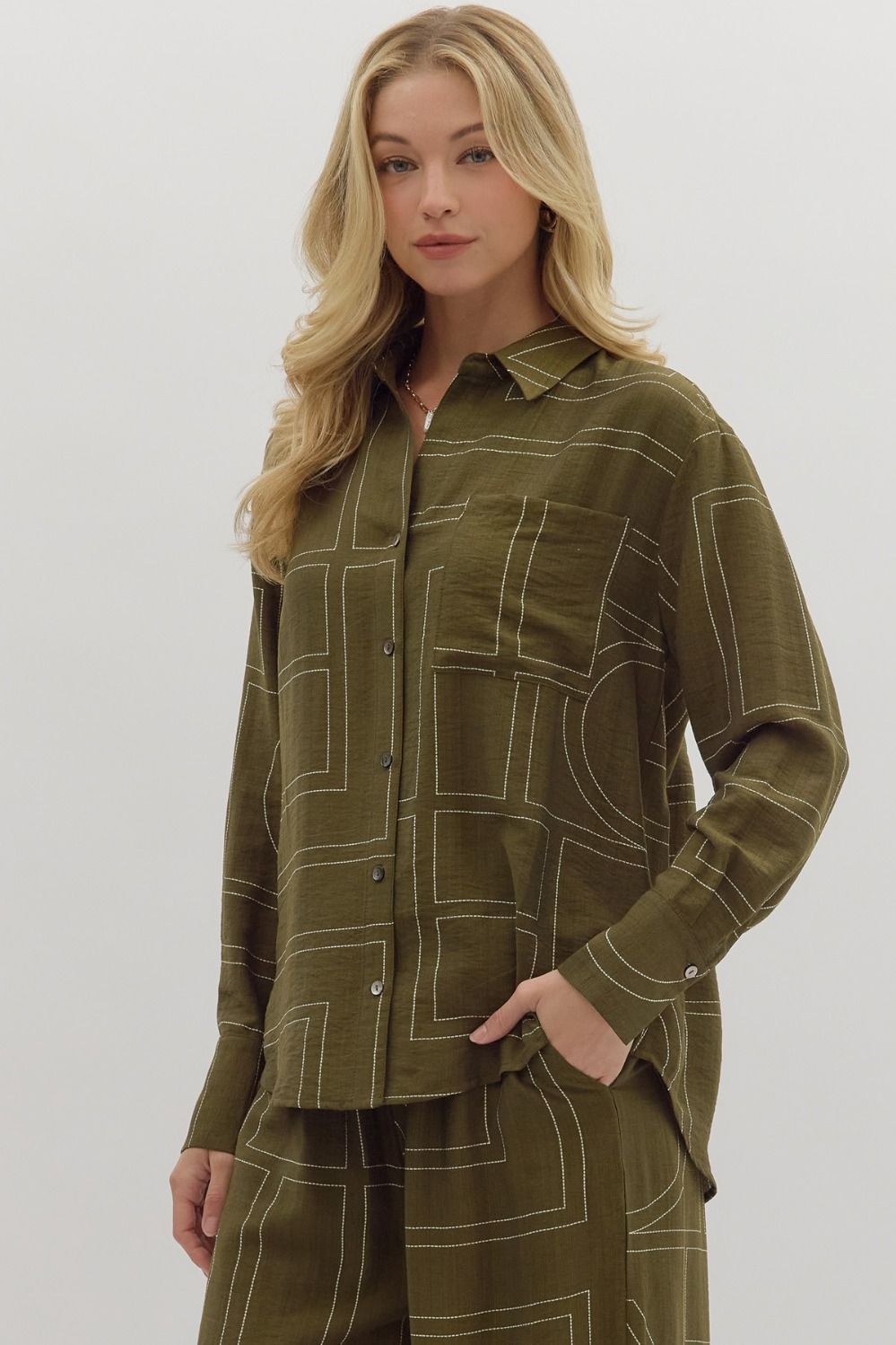 OLIVE ABSTRACT EMBROIDERED TOP