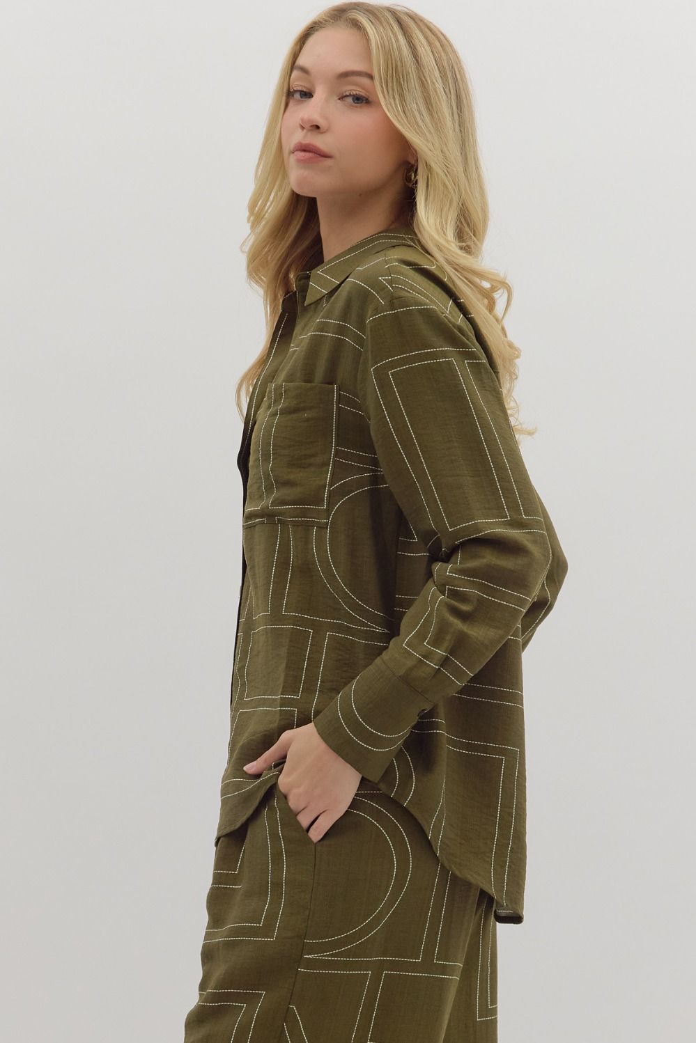 OLIVE ABSTRACT EMBROIDERED TOP