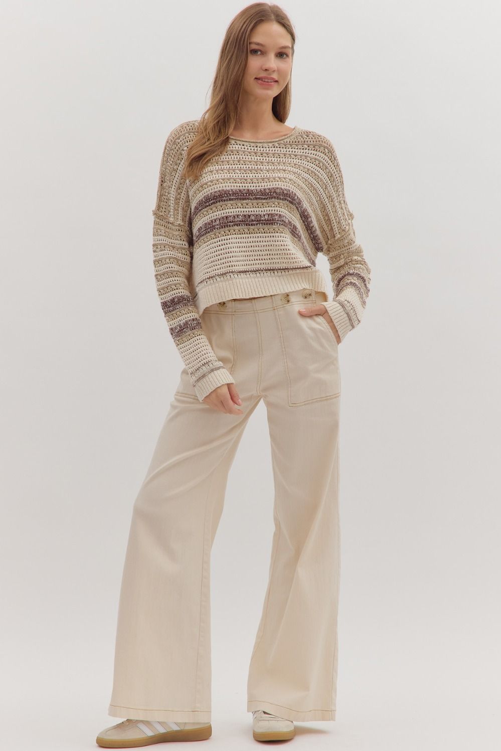 TAUPE STRIPED KNIT SWEATER