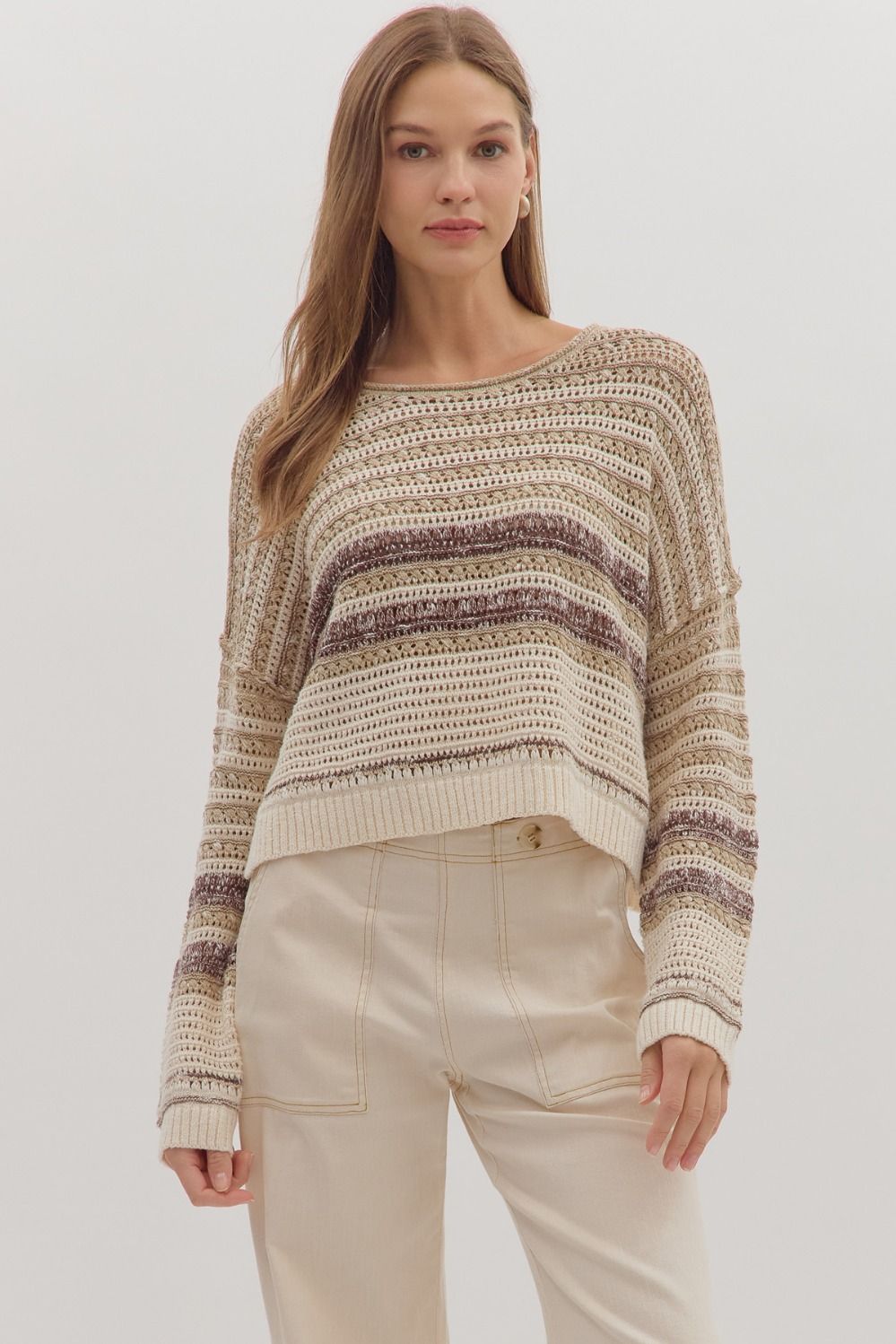 TAUPE STRIPED KNIT SWEATER