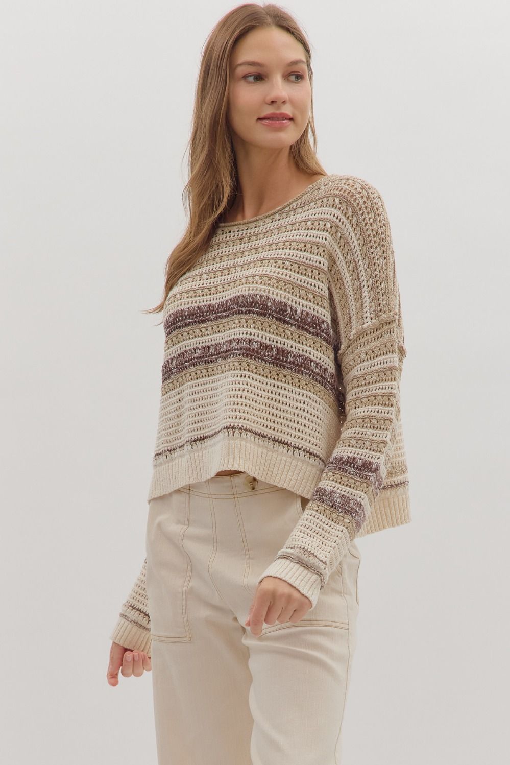 TAUPE STRIPED KNIT SWEATER
