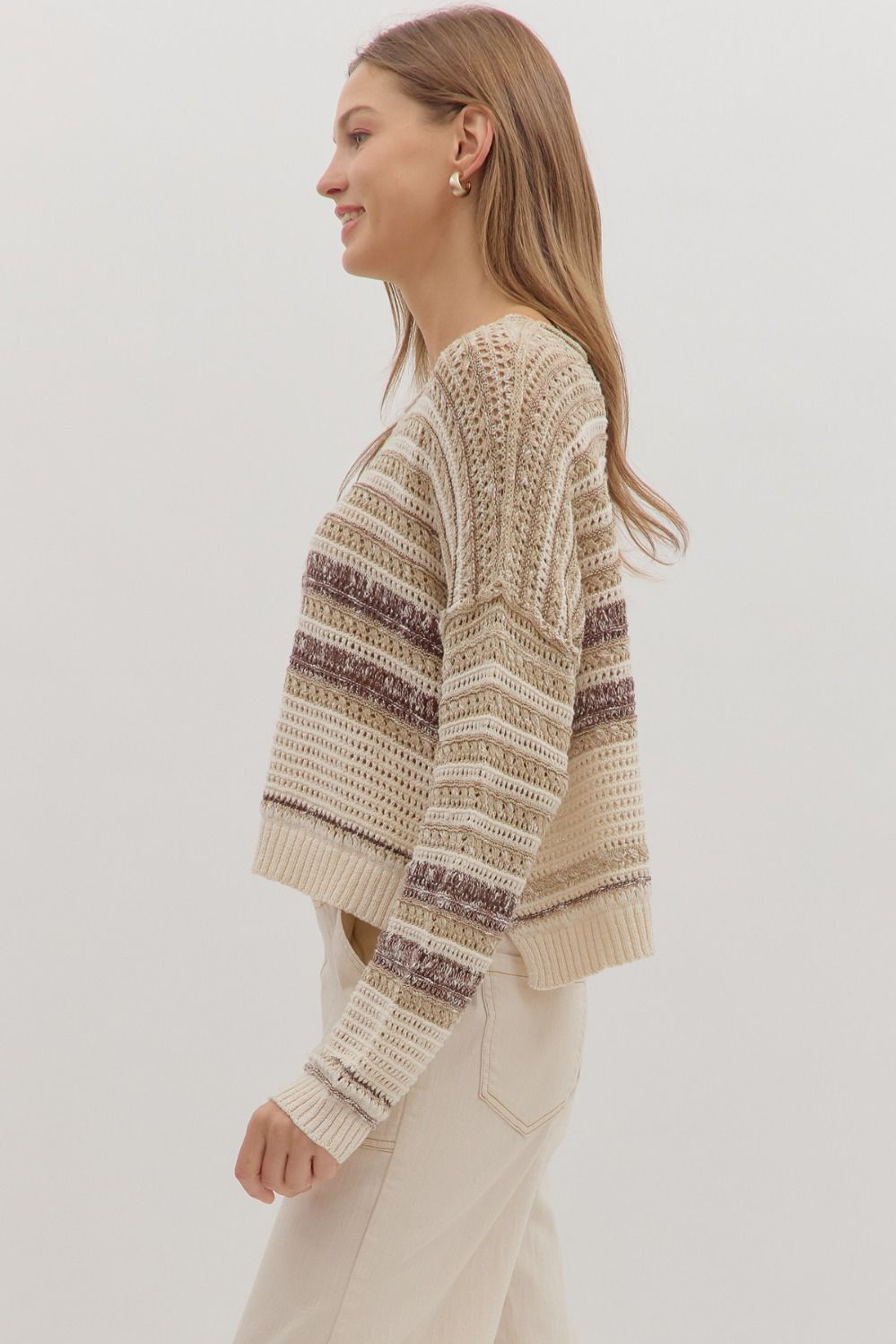 TAUPE STRIPED KNIT SWEATER