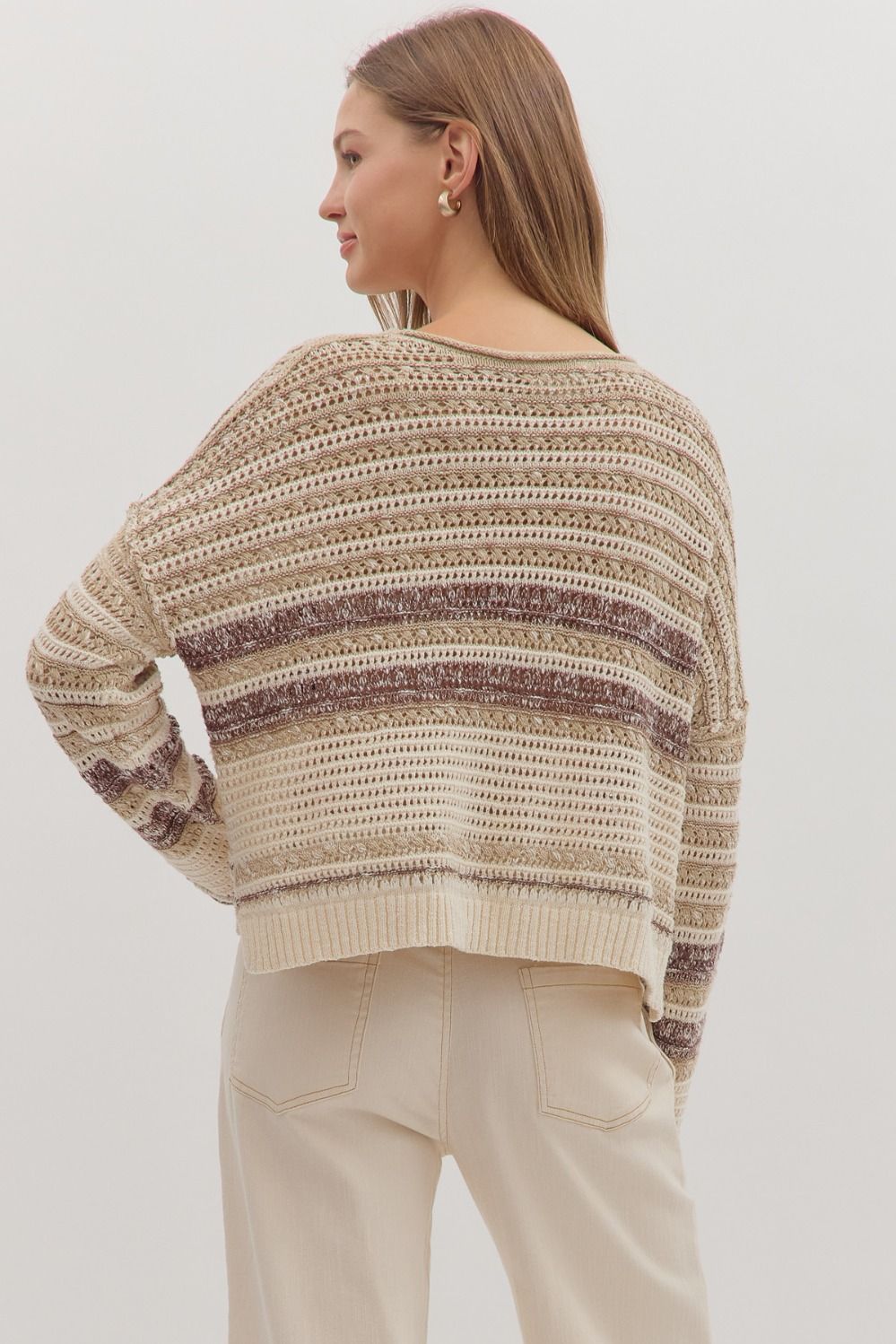 TAUPE STRIPED KNIT SWEATER